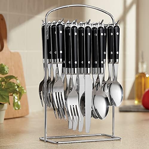 Montgomery Ward 20-Piece Hanging Flatware Set with Rack Black - Elegant Stainless Steel Utensils (Black)