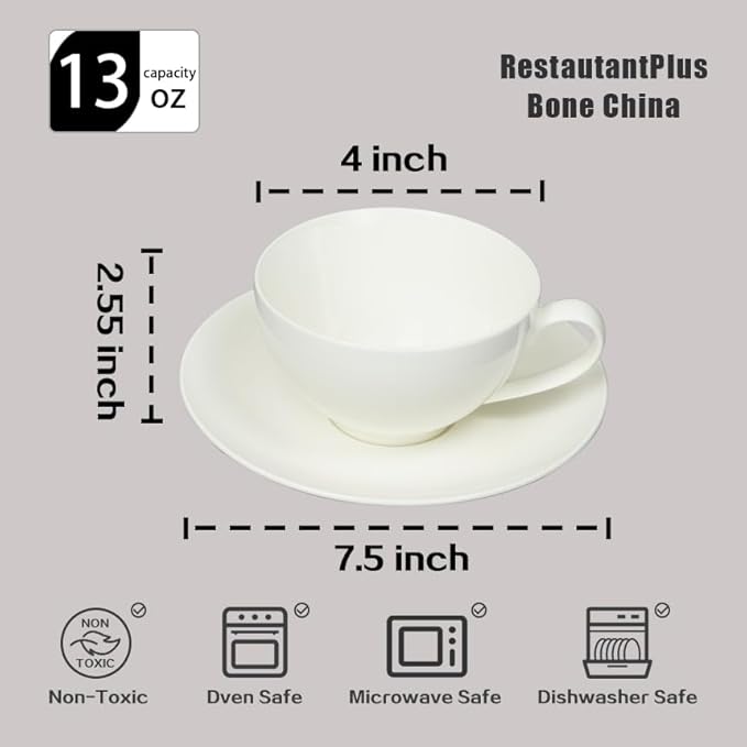 Bone China Coupe Shape Elegance White Royal Cappuccino Cup 13oz &amp Saucer Set Case of 6 Sets