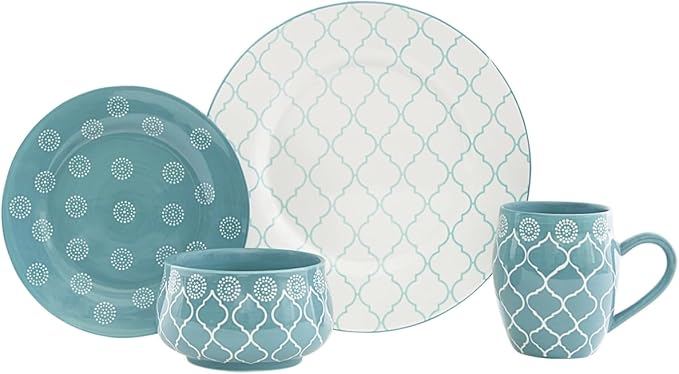 Round Trellis Ceramic Service for Four Dinnerware Set Turquoise - 16 Piece