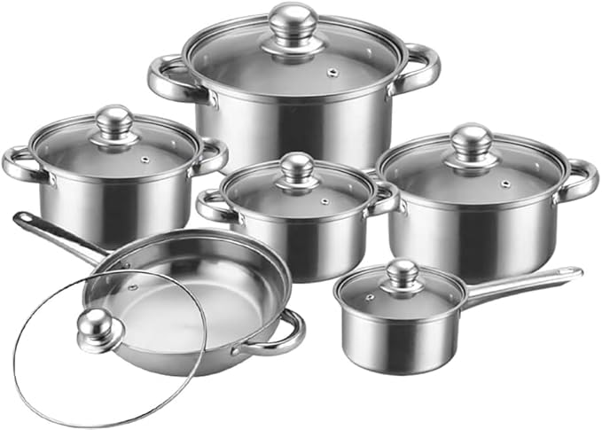 Stainless Heavy Steel Pots and Pans Set 12PCS Ktichen Stainless Steel Nonstick Cookware Set with Glass Lids Full Clad Cooking Set with Stay-Cool Handles Dishwasher Safe Compatible with All Stovetops A