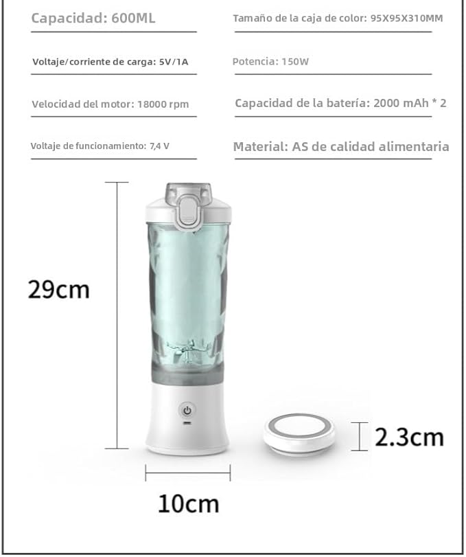 Portable Blender 600ml Personal Size Juicer Machine Smoothie Blender with Six Blades USB Rechargeable Juicer Cup for Travel Gym Outdoors and Home (white)