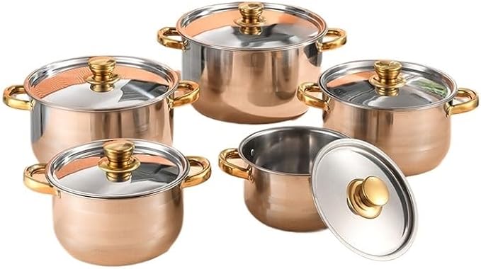 10PCS Stainless Steel Set Pot 18-26cm Lid Gold Plated Ear Soup