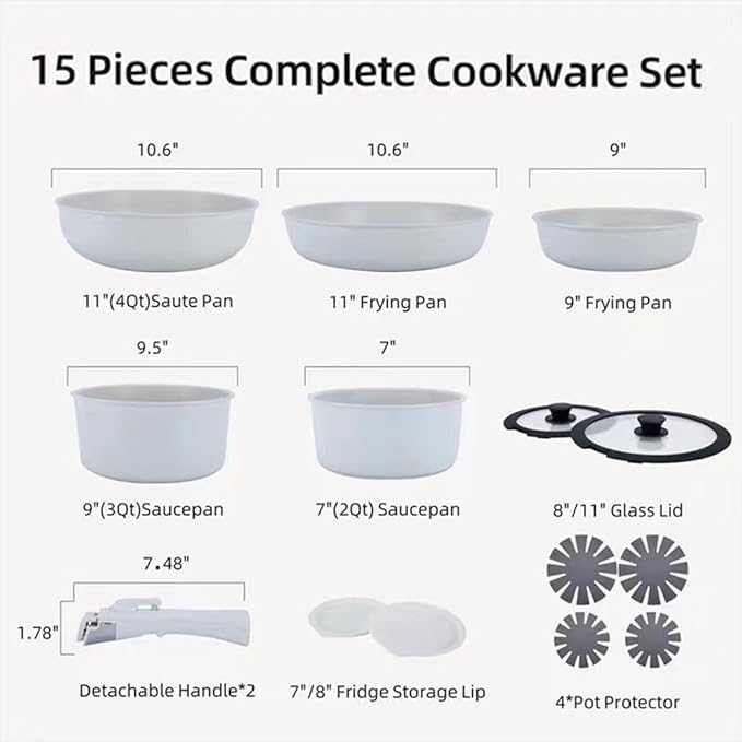 White 15Pcs Pots and Pans Set Nonstick Kitchen Cookware Set with Removable Handle Stackable Healthy Non Stick Cookware Set Oven Safe &amp PFOA Free