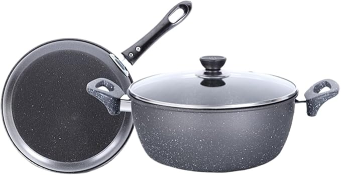 RUVOO Cookware Set Pots and Pans 2pcs Cookware Set Soup Pot with Lid Frying Pan Cooking Pot Pan Medical Stone Non-Stick Pan Set Kitchen Cooking Set