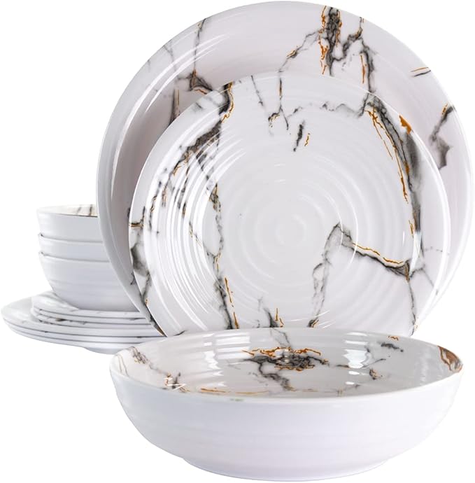 12 Piece Fine Sculpture Lightweight Melamine Dinnerware Set White