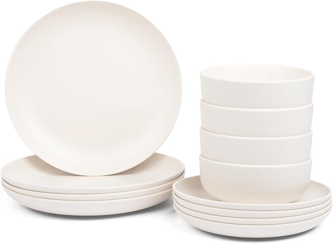 Larder &amp Vine 12-Piece Melamine Dinnerware Set: Durable Lightweight Break-Resistant Plates &amp Bowls – Stylish Non-Toxic Dishwasher Safe – Ideal for Everyday Use Indoor &amp Outdoor Dining