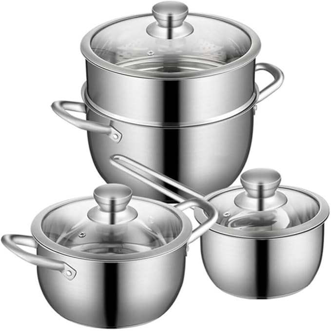Kitchen Cooking Sets 3Pcs Cookware Set Soup Pot Milk Pan Steamer with Glass Lid Stainless Steel Cooking Pot Set Kitchen Cookware Sets