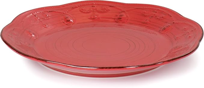 16 Piece Stoneware Dinnerware Set – Rustic Birch Embossed Plates and Bowls Dishwasher &amp Microwave Safe Dinner Set for 4 Elegant Scalloped Edges and Wood-Inspired Design (Red)