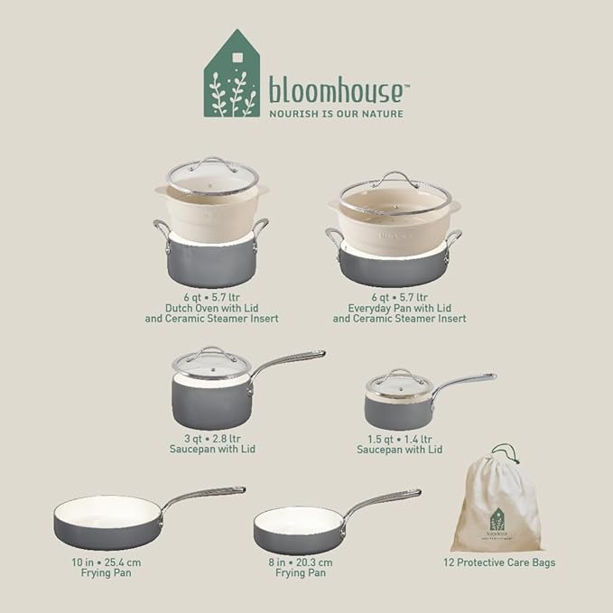 Bloomhouse 12 Piece Aluminum Pots and Pans Cookware Set w/Non-toxic Ceramic Non-stick Ceramic Steamer Insert &amp 12 Protective Care Bags - Stone Grey
