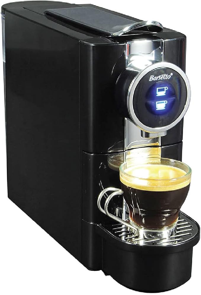 Barsetto One-Touch Espresso Maker with 19 Bar High-Pressure Pump Fast Pre-Heating Short or Long Shots Compatible with Standard Espresso Coffee Pods Black and Silver Automatic Coffee Machine