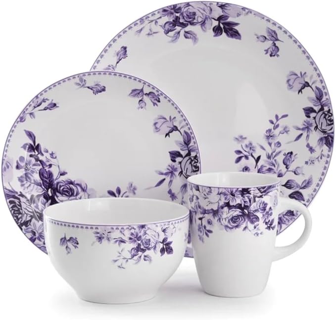 Traditional Purple Rose 16 Piece Stoneware Dinnerware Set (Purple)