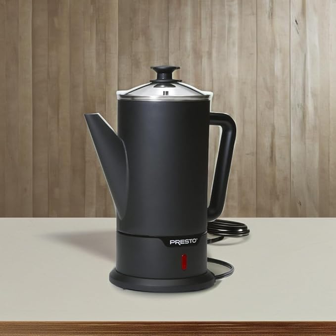 Presto 02815 12-Cup Cordless Coffee Percolator - Stainless Steel Modern Design Easy Pour Spout Stay-Cool Handle Matte-Black