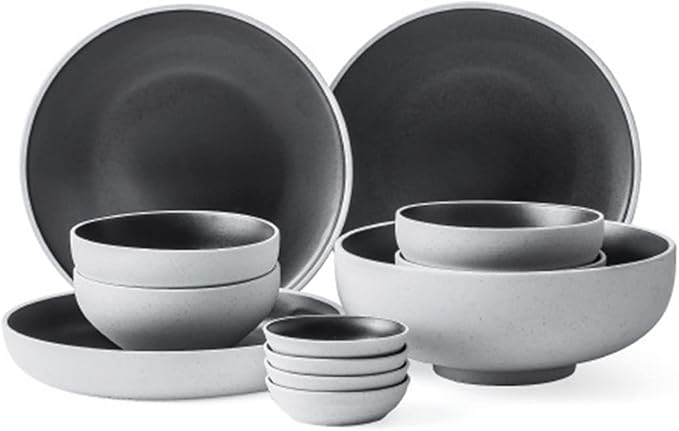 Dinner Set for 4 People 12PCS Stoneware Dinnerware Set Ceramic Plate Bowl Set Dishwasher Microwave &amp Oven Safe Tableware Set for Banquet Wedding Gifts