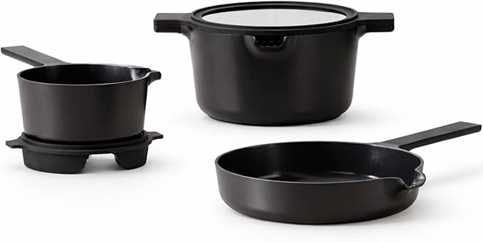 Alva Neat Black 5-Piece Nonstick Ceramic Cookware Set – Lightweight Nonstick Cookware Set – Easy to Store – Induction &amp Oven Safe Made Without PFAS PTFE PFOA – Non Stick Pots and Pan Set