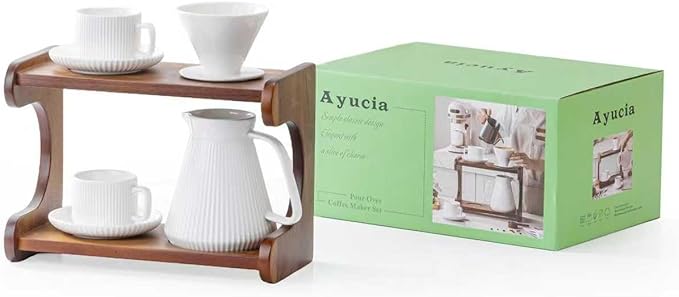 Pour Over Coffee Maker Set 22OZ Ceramic Pour Over Coffee Dripper with Acacia Wood Stand and 5OZ Cups and Saucers Set of 2 Size 02