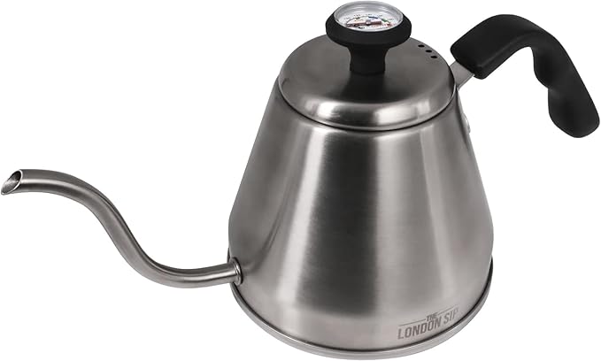 London Sip RiteTemp Gooseneck Kettle with Thermometer Thin Spout Ideal for Pour-Over Coffee Brewing Brushed Stainless Steel 1200 mL