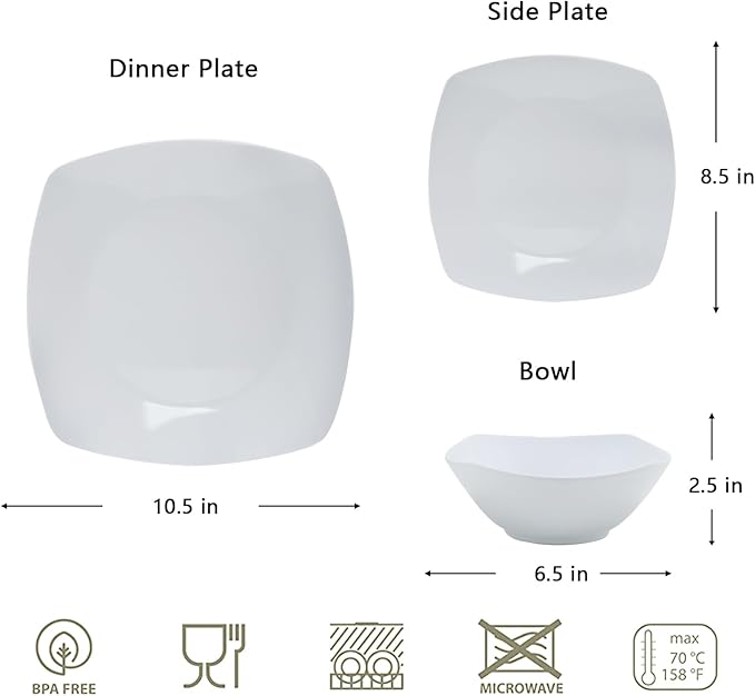 Melamine Dinnerware Sets Square Dinnerware Sets White Color Plates and Bowls Sets for 4 Unbreakable Dishwasher Safe BPA Free