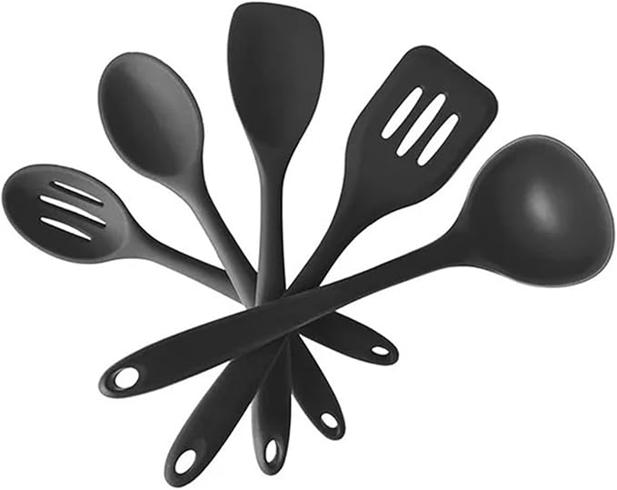 Silicone Heat Resistant Non Stick Kitchen Spatula Spoon Cooking Baking Tools Kitchen Utensils Gadgets Tool Set(Black 5pcs)