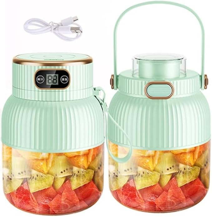 Portable BlenderJuicer Cup with Digital Display600ML Capacity Juices Making CupUSB RechargeablePersonal Size Blender for Shakes and Smoothiesfor Travel&ampGym (Blue-green(two cups and two lids))