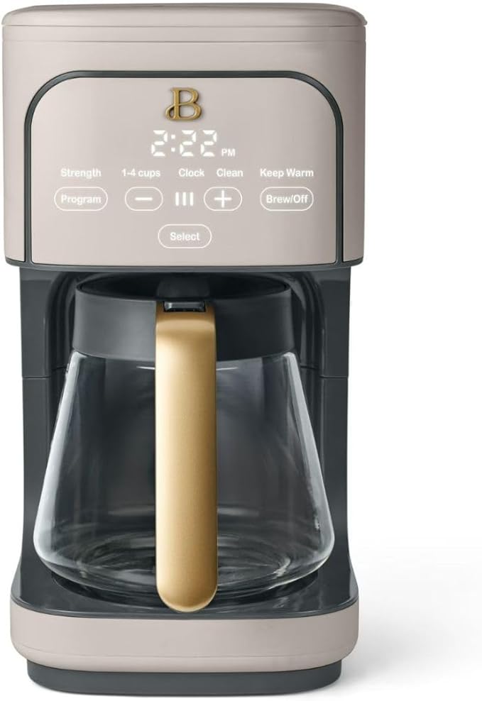 B - 12-Cup Programmable Coffee Maker with Touch Controls Auto Brew Timer Reusable Filter Large Glass Carafe Countertop Coffee Machine (Porcini Taupe)