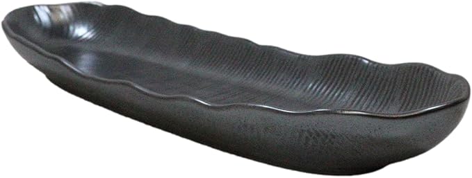 Ebros Gift Iron Black Clay Underglaze Technique Tetsu Kesho Porcelain Dinnerware Kitchen Set Asian Japanese Restaurant Supply (Pack Of 3 Wavy Oblong Long Serving Platter 13.25 L)