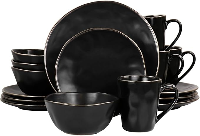Modern Stoneware Dinnerware Set with Gold Rim Matte Black - 16 Piece