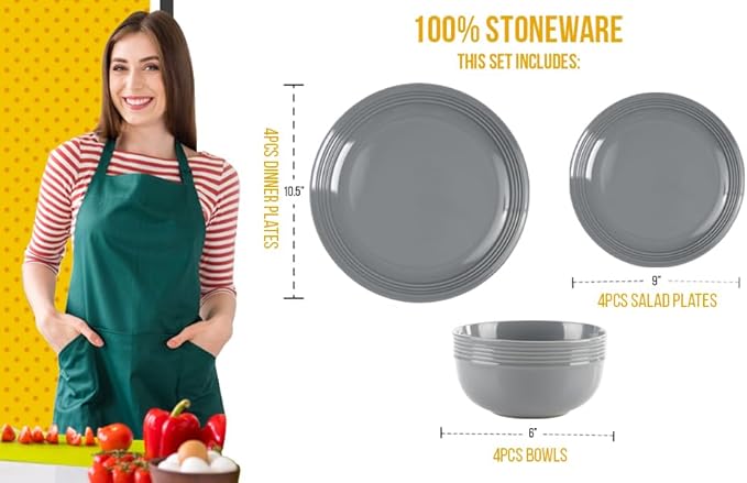 Stoneware Dinnerware Set. Dishes for 4. Plates and Bowls Set. Microwave Safe. Platos de Cocina. Kitchen Plates. Gray Dish