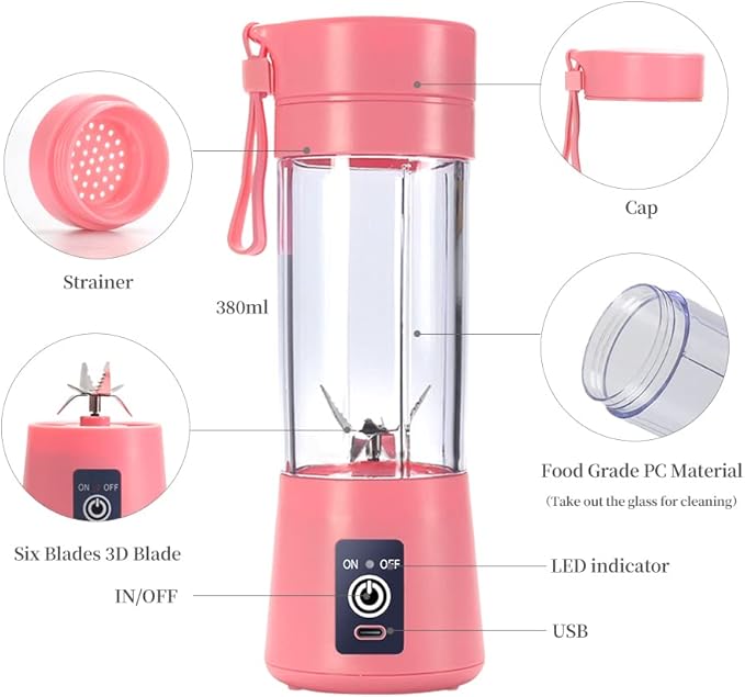 Electric USB Juicer Blender Portable Juicer Cup 380ml Water Bottle Juicer Machine with 6 Blades 2000mAhpink
