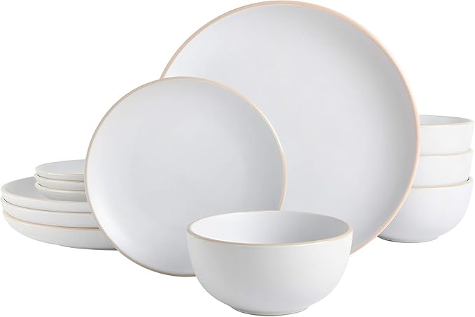 12-Piece Matte Stoneware Dinnerware Set – Modern Plates Bowls &amp Mugs for Everyday Dining (White)