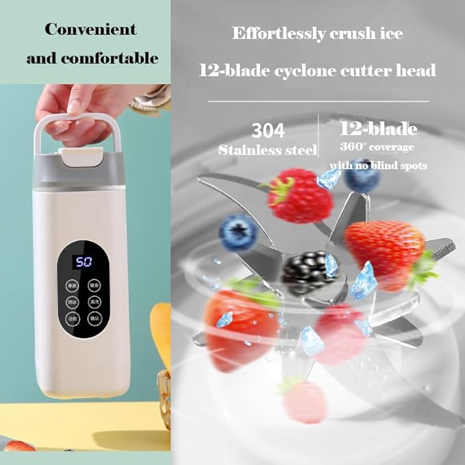 Hualisen Portable Blender for Smoothies Juice420ML Insulated Juicer with Storage Pouch 12 Blades Juice Cup USB-C RechargeableCordless Personal Blender for Shakes and Smoothies (ZJ/White)