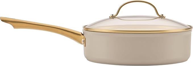 Farberware Forged Induction Ceramic Nonstick Pots and Pans Set with Cooking Tools Dishwasher Safe Gold Color Stainless Steel Handles 12 Piece Cookware Set - Taupe