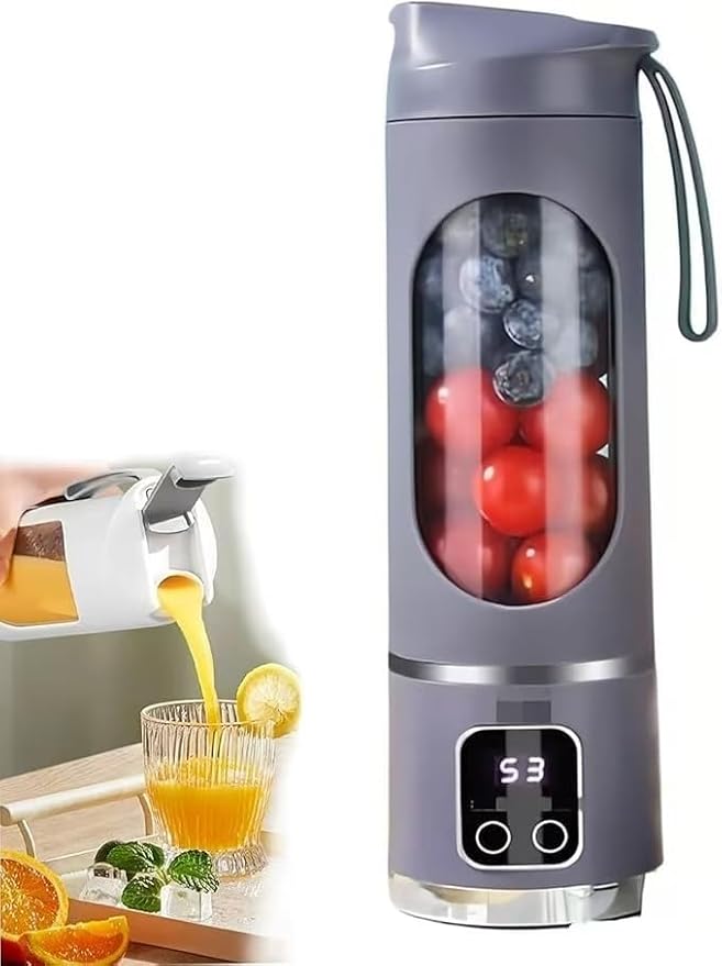 Portable Juice Blender - Three-Speed USB Charging 12-Blade Ice Crusher and Digital Display - Compact and portable with a 450ml capacity for making juice at home and on the go(Gray)