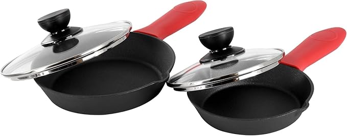 13-Piece Cast Iron Skillet Set with Glass Lids – Pre-Seasoned Cookware with Silicone Handle Holders &amp Scrapers for Stove Oven Grill &amp Campfire
