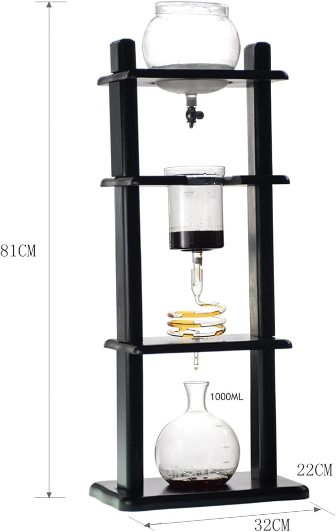 Cold Brew Drip Coffee Tower Ice Coffee Maker - Makes 6-8 Cups 1000ml with Slow Drip Technology Glass Container and Wood Stand for Commercial Office