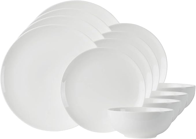 Anders and White 'Coupe' - White Vegan Friendly Bone China Dinner Set. 12 Pieces Dinnerware Set. Contains 4X Dinner Plates Side Plates and Bowls.