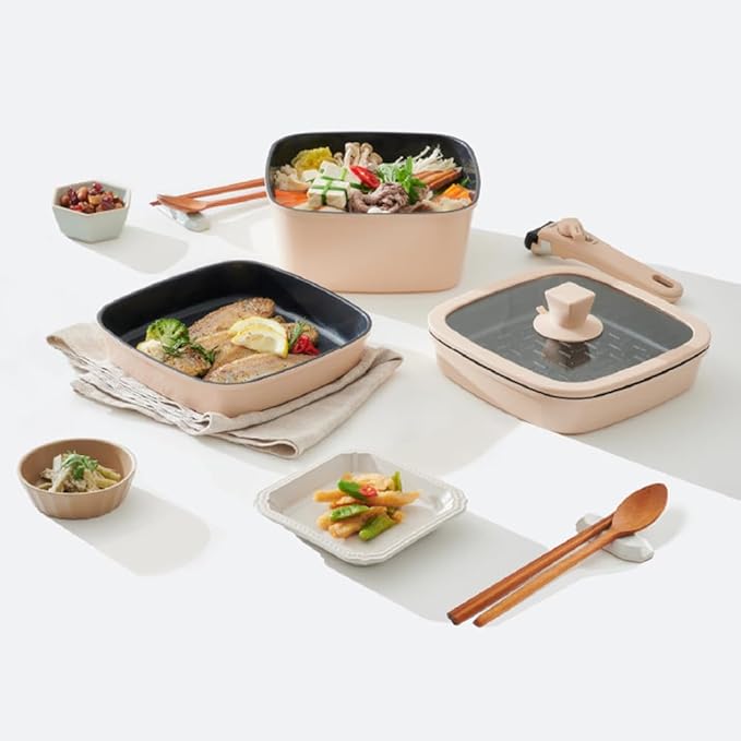 Bohog IH ceramic coating square cookware set with lid &amp magic handle 11P Beige