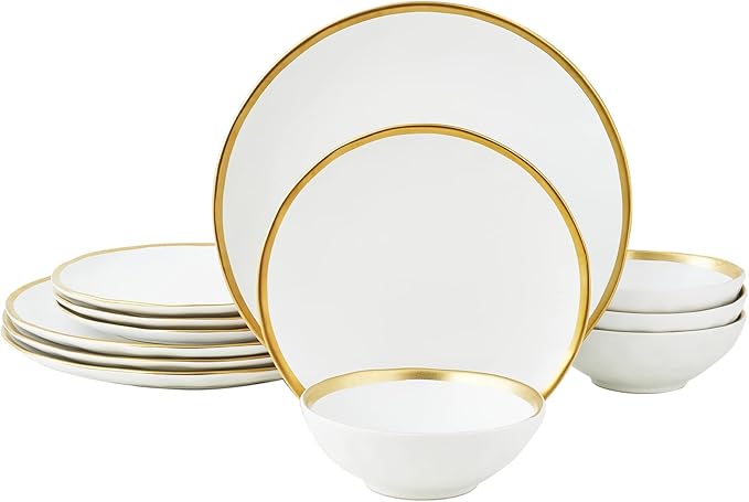 White Luxury Plates and Bowls Sets 12 Piece Porcelain Dinnerware Sets Service for 4 Modern Dinner Plates Set Gold Rim Dish Set for Wedding Anniversary Birthday