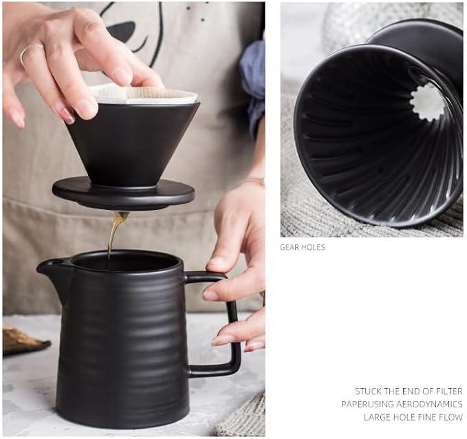 BeeCa Premium Black Ceramic Pour Over Coffee Maker Set 17oz/500ml V60 Brewer Retains Optimal Heat &amp Flavor Includes Paper Filters Home Office Cafe Multi-Serving