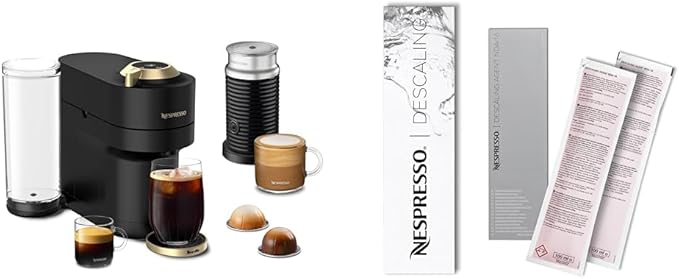 Nespresso Limited-Edition Vertuo Pop+ Deluxe Coffee and Espresso Maker by Breville with Milk Frother Matte Black Gold Descaling Kit