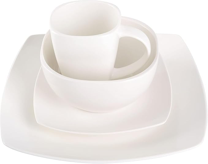 Modern Matte Glaze Square Dinnerware Set - 16 Piece Stoneware Service for 4 Dishwasher &amp Microwave Safe Teal Finish (White)