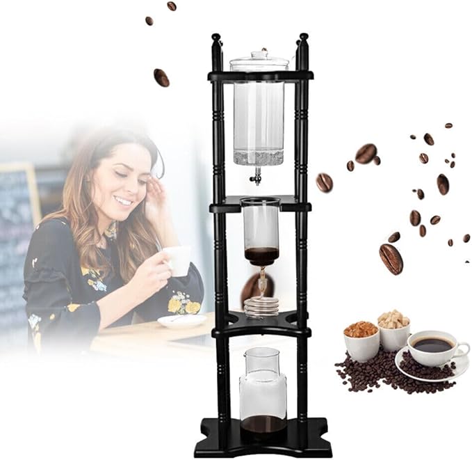 Ice Drip Coffee Maker 2500ml Cold Brew Coffee Tower Slow Drip Japanese Cold Brew Maker Drip Ice Coffee Tower Glass Dutch Coffee Dripper with Wood Straight Frame (Black)