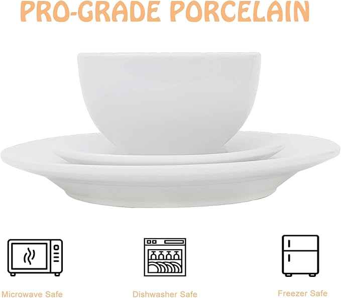 Nouva 18-Piece Service for 6 Porcelain Dinnerware Set Round Kitchen Plates and Bowls Set Chip &amp Scratch Resistant Dishware Sets White
