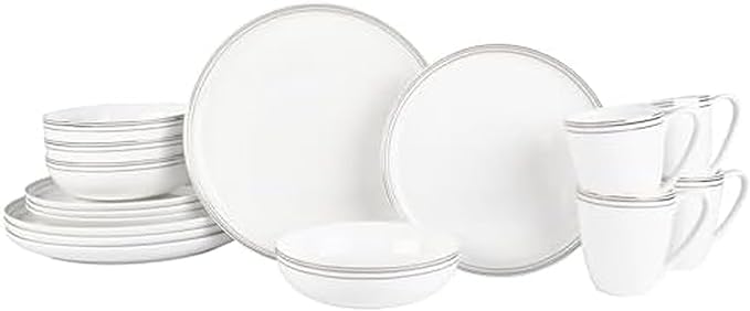 Everyday White by Fitz and Floyd Nevaeh Bone China Coupe Platinum Bands Dinnerware Set Service for 4