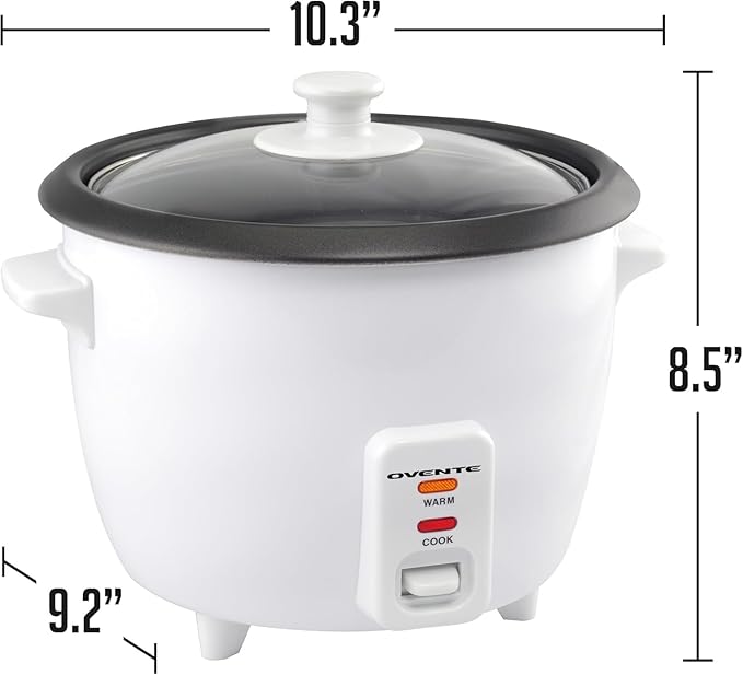 OVENTE Electric Rice Cooker and Food Steamer – 10-Cup Cooked Capacity (5 Cups Uncooked) Nonstick Removable Pot Keep Warm Function Steaming Basket Measuring Cup &amp Spatula Included White RCS01W