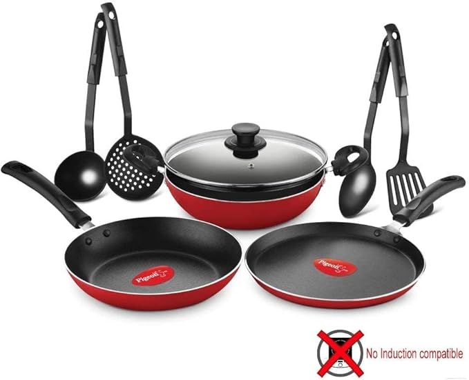 Pigeon Mio Nonstick Aluminium Cookware Gift Set 8 Pieces Includes Flat Tawa Fry Pan Kadai with Glass Lid Kitchen Tools Red Non Induction Base