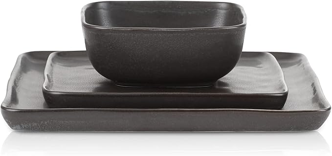 Stone Lain Jonny Stoneware 12 Piece Dinnerware Set Home Kitchen Modern Square Dish Set with Dinner Plates Salad Plates &amp Bowls Brown