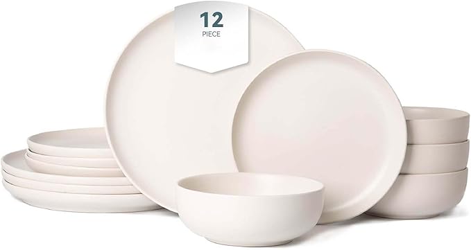 Plates and Bowls Sets 12 Pieces Modern Stoneware Dinnerware Sets Stackable Matte Glaze Kitchen Stoneware Plates and Bowls Set for 4 People Microwave and Dishwasher Safe(White)
