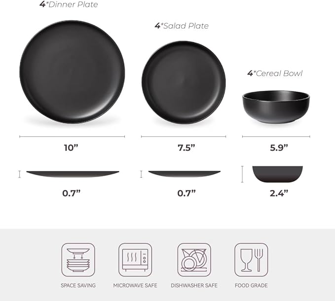 12-Piece Stoneware Dinnerware Set Black Matte Glaze Service for 4 Includes 10 Dinner Plates 7.5 Salad Plates 5.9 Cereal Bowls Microwave and Dishwasher Safe