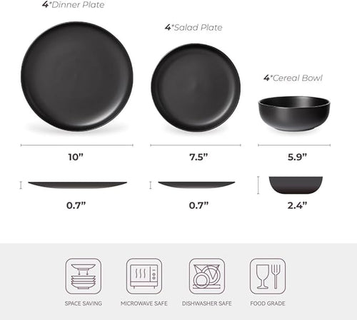 12-Piece Stoneware Dinnerware Set Black Matte Glaze Service for 4 Includes 10 Dinner Plates 7.5 Salad Plates 5.9 Cereal Bowls Microwave and Dishwasher Safe
