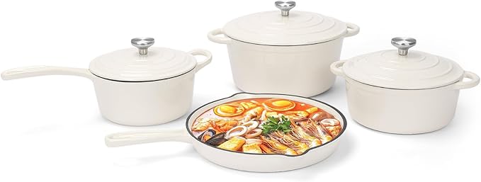 QuliMetal Nonstick Enameled Cast Iron Cookware Set 7-Pcs Pots and Pans with Lid Frying Pan Skillet Sauce Pan Healthy Round Dutch Oven Pot for Sourdough Bread Baking on All Stovetop Cream White